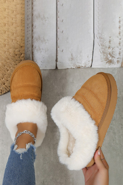 Camel Plush Suede Patchwork Thick Sole Slippers |SFB