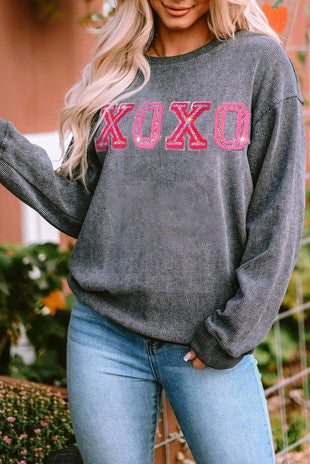 Valentine Sequin XOXO Corded Crew Neck Sweatshirt |SFB