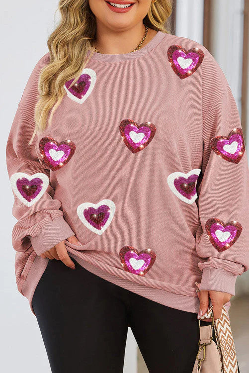 Pink Sequined Heart Plus Size Sweatshirt |SFB