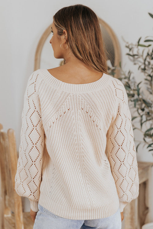 Beige Hollow-out Puffy Sleeve Knit Sweater |SFB