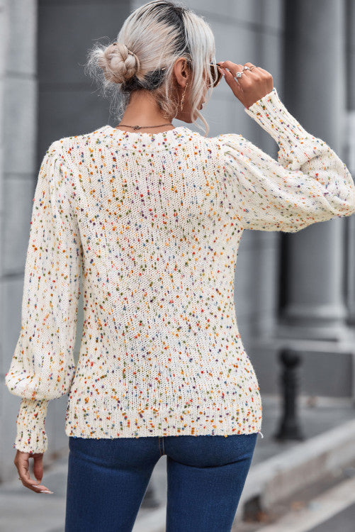 Beige Colorful Dots Cable Knit Crew Neck Sweater|SFB