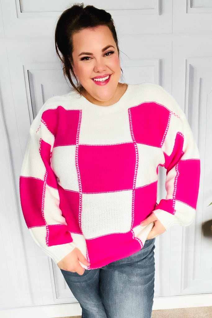 Tried & True Fuchsia Checkered Oversized Knit Sweater |SFB