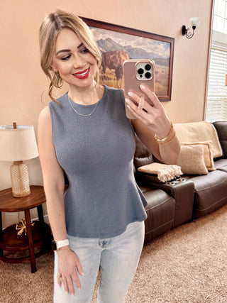 Sleeveless Peplum Knit Top In Denim