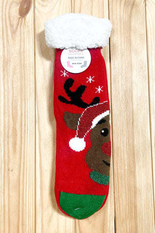 Red Reindeer Sherpa Traction Bottom Slipper Socks