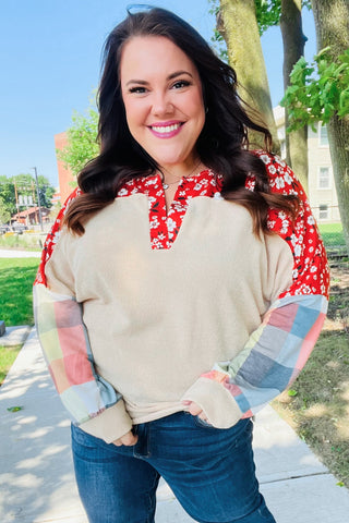 Rust & Oatmeal Plaid Floral Color Block Notch Neck Top