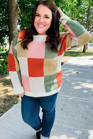 Ivory & Rust Checker Jacquard Knit Sweater