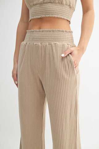 Smocked Waistband Ribbed Wide Leg Pants |SFB