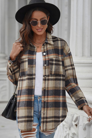 Plaid Curved Hem Dropped Shoulder Longline Shirt Jacket