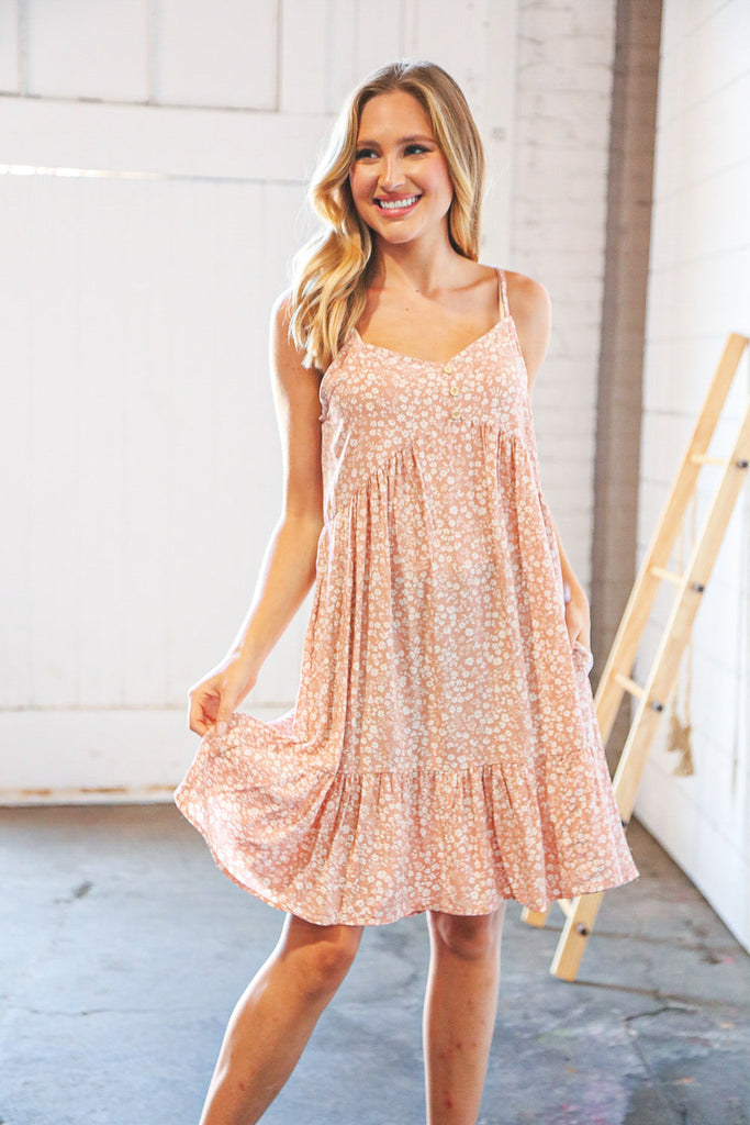 Ditzy Floral Babydoll Button Pocketed Sleeveless Dress