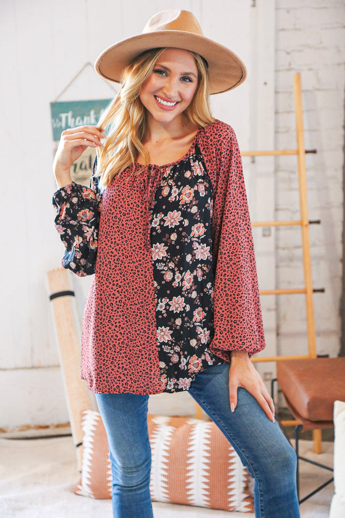 Burgundy Leopard and Floral Color Block Key Hole Top