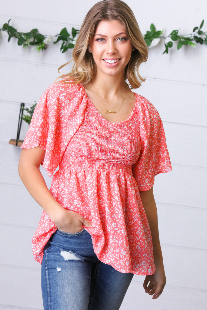 Peach Floral Smocked Flutter Sleeve Top |SFB