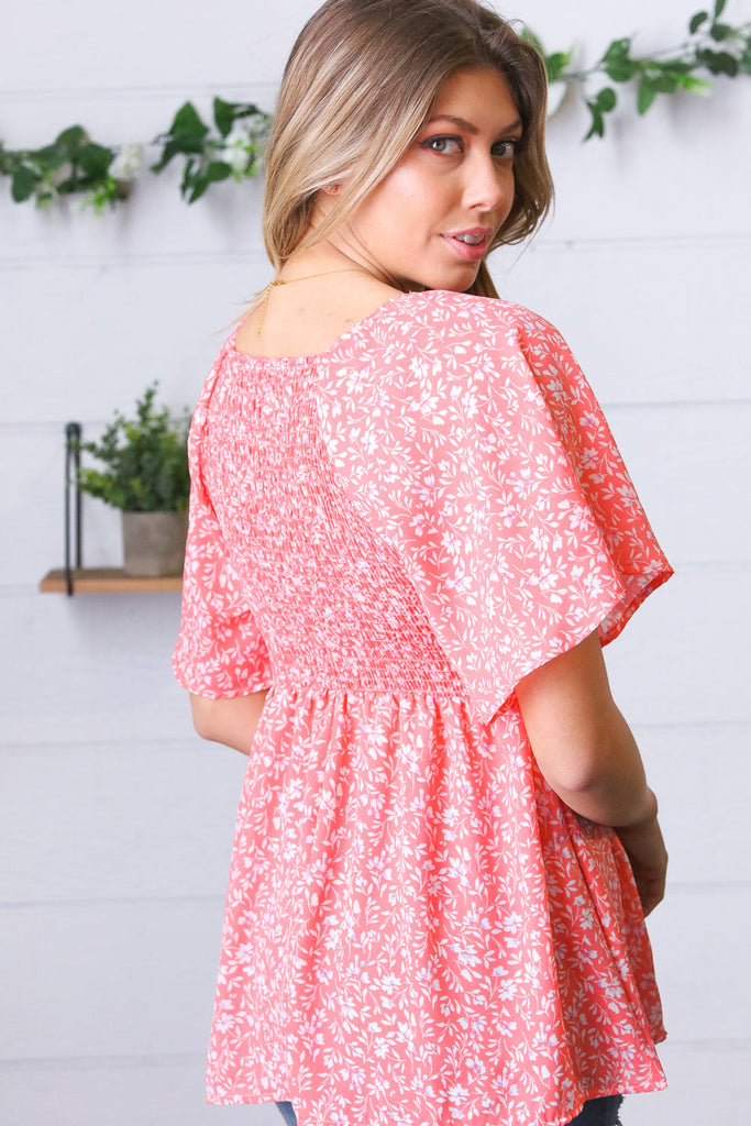 Peach Floral Smocked Flutter Sleeve Top |SFB