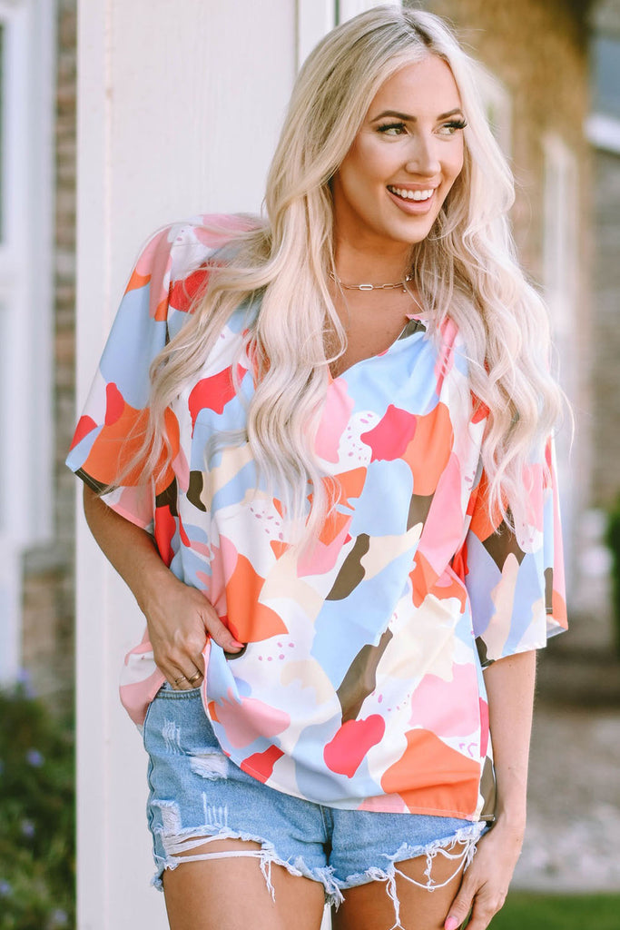 Printed Notched Neck Half Sleeve Blouse