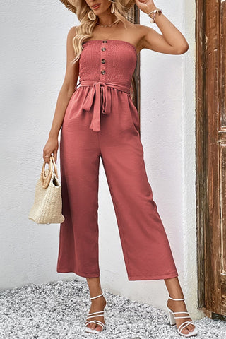 Decorative Button Strapless Smocked Jumpsuit with Pockets