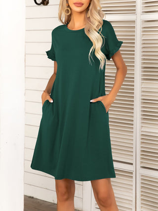 Round Neck Flounce Sleeve Dress with Pockets