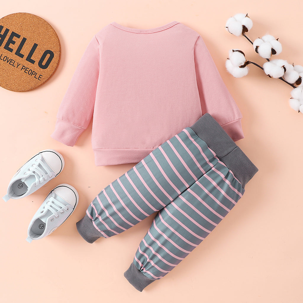 Round Neck Long Sleeve Tee and Stripe Pants Set