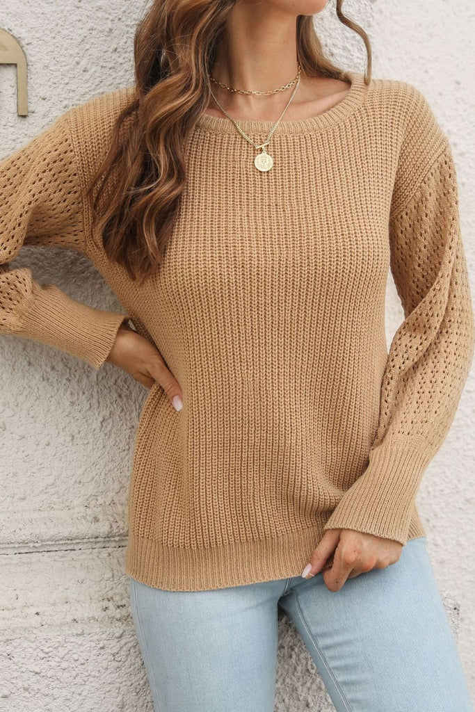 Ribbed Openwork Sleeve Round Neck Pullover Sweater