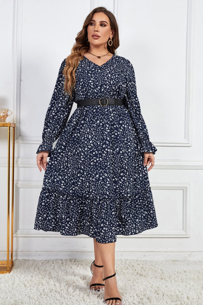 Plus Size Floral Print V-Neck Flounce Sleeve Midi Dress