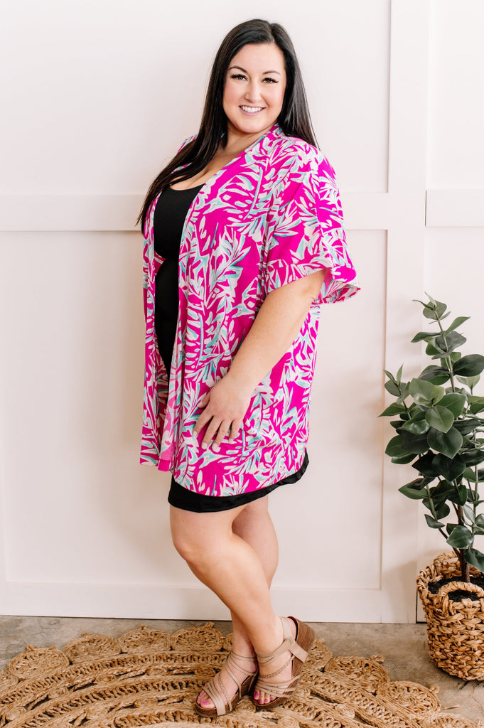 2.9 Short Sleeve Kimono In Bright Pink & Teal