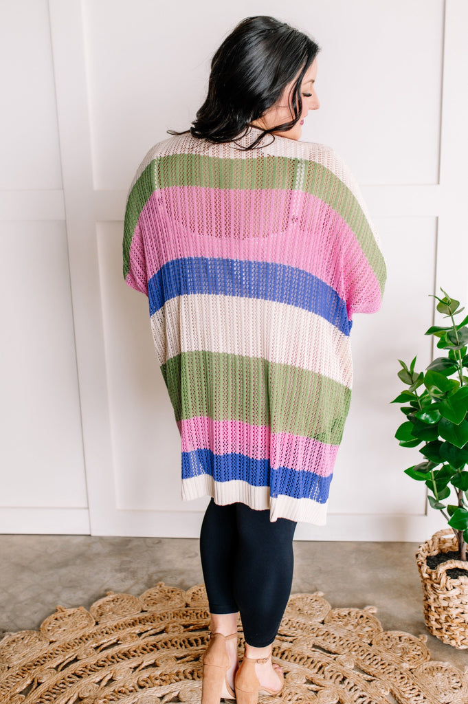 2.12 Striped Open Knit Cardigan In Pink, Green, Tan & Blue