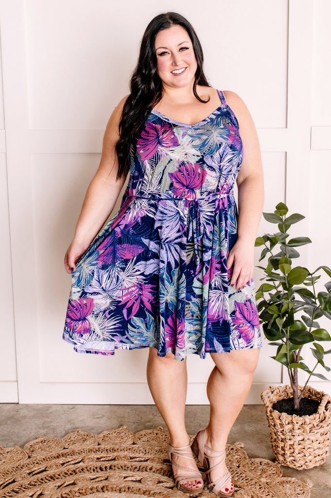 2.21 Printed Palm Dress With Tie Belt In Navy Multicolors