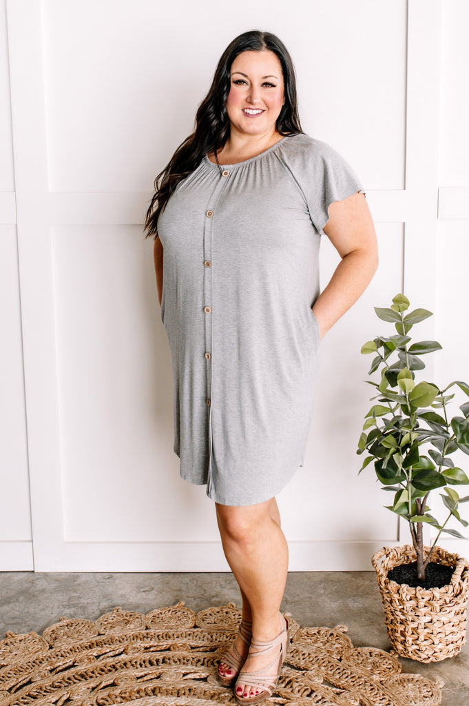 2.19 Decorative Button Front Tshirt Dress In Heathered Grey