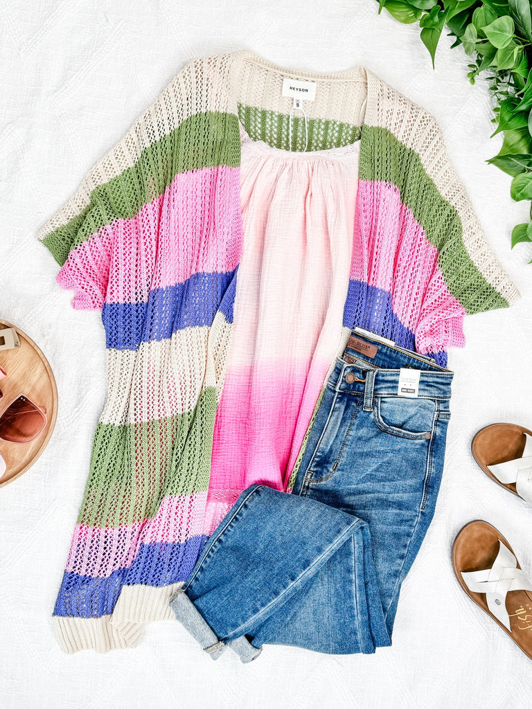 2.12 Striped Open Knit Cardigan In Pink, Green, Tan & Blue