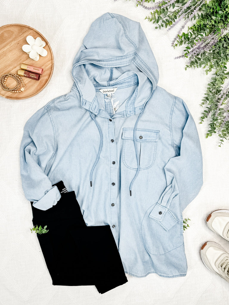 2.21 Hooded Button Front Top In Light Denim