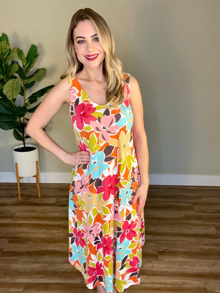 2.5 Sleeveless Midi Dress In Colorful Hibiscus Florals