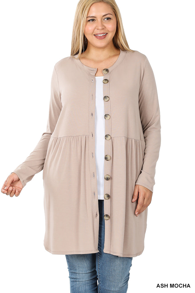 SHIRRED WAIST BUTTONED CARDIGAN WITH SIDE POCKETS |SFB