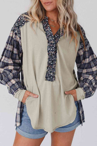 Plaid Notched Neck Slit Blouse